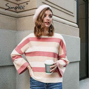 Striped high collar women Pullover Autumn winter casual sweater street fashion women's knitting top 210414