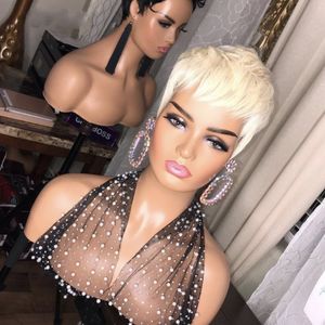 613 Blonde Pixie Kurzschnitt-Bob-Perücke mit natürlichem Pony, gewelltes brasilianisches glattes Echthaar für Frauen, keine Lace-Front-Perücken