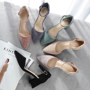 Kvinnor Kvadrat Högklackat Pumpar Skor Kvinna Kvinna Ankelband Faux Suede Pekade Toe Heeled Sandals Lady Office Career Shoe 210520