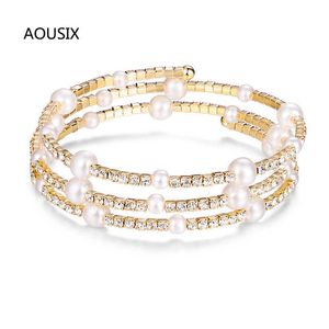 Fashion 3 Row Gold Silver Plated Crystal Bangle Bracelet Ladies Imitation Pearl Multi-layer Bling Bracelet Jewelry Wedding Gift Q0719