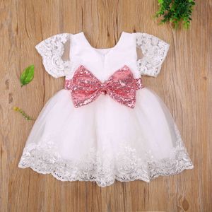 0-5Y Toddler Born Baby Kid Girls White Dress Lace Sequins Tutu Klänningar för Party Födelsedag Bröllopsdräkter 210515