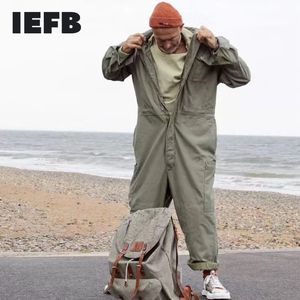 IDEEFB Męskie Noszenie Multi-kieszenie odzież roboczy Kombinezon Czarny Zielony Pojedynczy Breased Loose Długi rękaw Wyłącz Spodnie kołnierzowe 9Y4105 210524