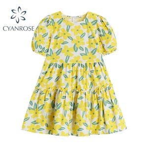 Vestido impresso floral de verão coreano para mulheres vintage manga curta elegante partido casual mori menina vestidos 210515