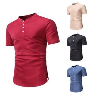 Button-Hemden großhandel-Männer T Shirts Sommer Große Größe Casual Slim Drei Taste Kurzärztliches Stehkragen Massivfarbe T Shirt