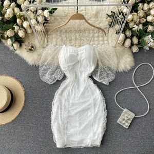 SINGREINY Korean Mesh Strap Dress Women Puff Sleeve Slim White Party Dresses Summer Sexy Off Shoulder Streetwear Short Sundress 210419