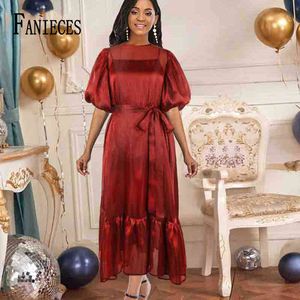 Elegant Red Organza Party Dresses Women lantern Sleeve Ruffle Ladies Midi Dress With Belt Female Wedding Clothes Plus Size 210520