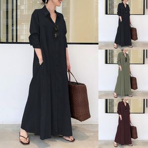 Casual Dresses Women Long Sleeve Maxi Dress Pocket Solid Color Button Shirt Ankle Loose Large Plus Sizes High Quality