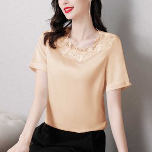 Koreanska kvinnors skjorta silke blouses för kvinnor kortärmad satin kvinnlig topp o-nacke blus kvinna grundläggande s 210604