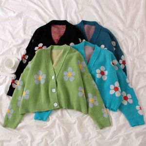 Elegante flor de punto cardigan con cuello en v suéter abrigo flores impreso casual streetwear tops de cultivos de un solo pecho sueter mujer 210415