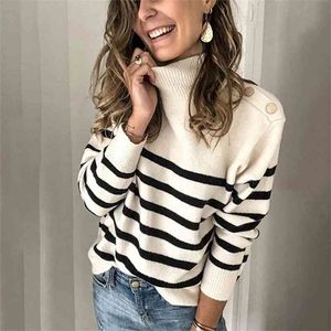 Turtleneck Malha Botão Pullovers Mulheres Outono Inverno Stripe Casual Camisola Básico Vintage Jumper Branco 210415