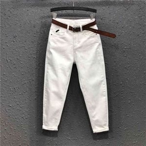 Frühling Mode Frauen Hohe Taille Lose Weiße Jeans All-Matched Casual Elastische Denim Baumwolle Harem Hosen Plus Größe S963 210708
