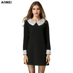 Wiosna Plus Size Black Lace Office Dress Vintage Krótki Shift Długim Rękawem Suknie Tuniki 5XL Peplum Kobiety Eleganckie ubrania 210416