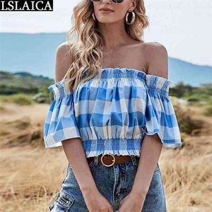 Camicetta da donna con stampa scozzese blu mezza manica casual con spalle scoperte Abbigliamento da donna Sexy Night Club Slash Neck Blusas Mujer 210515