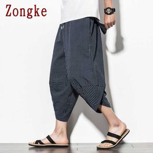 Zongke النمط الصيني عارضة السراويل الرجال الملابس القطن الكتان العجل طول sweatpants الرجال بنطلون الرجال M-5XL 2021 جديد وصول x0723