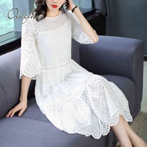 Sommar Sundress Women Party White Lace Broderi Midi 2 Piece Set Dress 210415