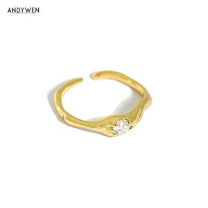 Andywen 925スターリングシルバーゴールドワンジルコン不規則な幾何学的なサイズ変更可能なリング女性ファッションファインジュエリー高級宝石210608