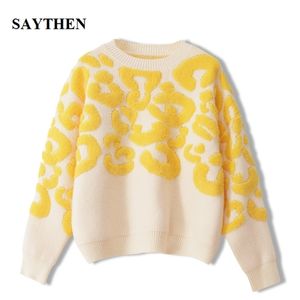 Saythen Runway Luxury Höst Winter Pullovers Geometric Retro Leopard Stickad tröja Tröja Kvinnor Märke Jumpers 211218