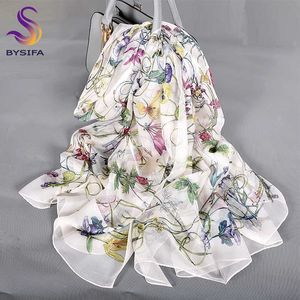 [BYSIFA] Beyaz 100% Ipek Eşarp Pelerin Moda Çiçek Tasarım Uzun Atkılar Kadınlar Yaz Utralong Plaj Şal Kış Atkılar180 * 110 cm Q0828