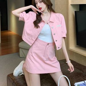 Summer fashion women 2 piece skirt suit Women Elegant Solid short Sleeve Blouse Top+High waist Skirt Sets 210531