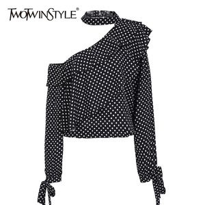 Asymmetrisk tryck prickskjorta för kvinnor Skew Collar Långärmad Patchwork Ruffle Casual Blus Kvinna Fashion 210524