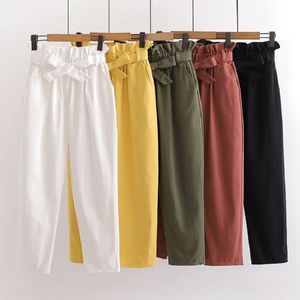 Koreańskie bawełniane spodnie Vintage Summer Bow Lace-Up Elastyczna talia Dorywczo spodnie Kobieta Wszystkie mecze Harlan Capri-Spodnie 210420