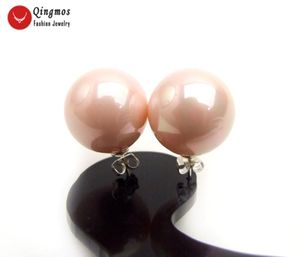 Stud Qingmos Trendy Sea Shell Pérola Earring para mulheres com jóias rosa claro redondo de 16 mm Arete Ear731