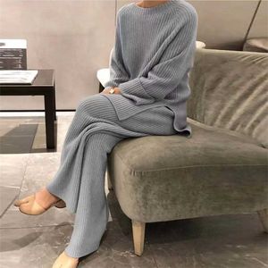 Lady Home Suit Höst Fashion Soft Casual O-Neck Pullover Toppar + Stickad Pant Homewear Pajama Vinter Solid Kvinnor Två Piece Set 211215