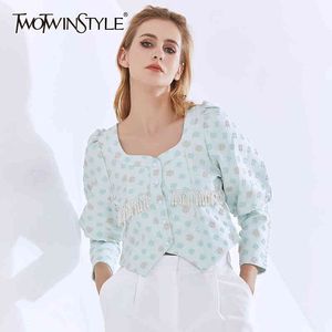 Twotwinstyle patchwork pearl tofs blus för kvinnor fyrkantig krage puff ärm elegant kort skjorta kvinnlig mode kläder 210517