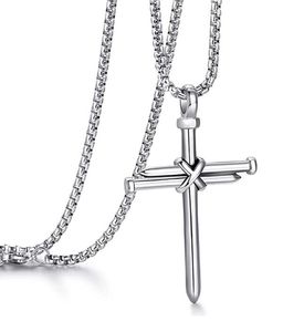 Colar de cruz de prata para homens meninos pingente de prego encantos de jóias força bíblia verso de aço inoxidável bling 3mm24 ''