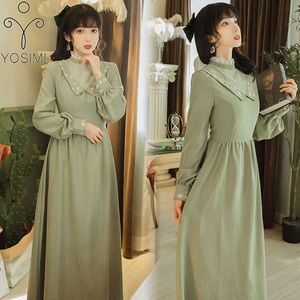 Yosimi Green Długie Kobiety Sukienka Jesień Słodka Dziewczyna Maxi Koronki Stand-Neck Floral Haft Pełna Rękaw Długość 210604