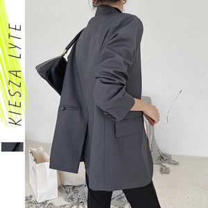 Kvinnor Suitjacka Vintage Koreansk stil Loose Lapel Oversized Ladies Grey Blazer Coats Kvinna Höst Outwear 210608