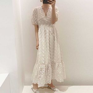 summer Fashion women Korean Chic Style Ladies Maxi Dres Lace Hollow Out Embroidery Dresses Vestidos 210531