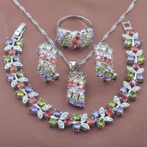 2020 New Silver Color Women's Party Jewelry Sets Multicolor Stone Crystal Bracelet Necklace Pendant Earrings Ring YZ0285 H1022