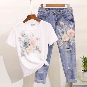 Sommar mode broderi t-shirt kvinnor blommor kortärmad t-shirt + hål nio poäng jeans två stycke set kvinna kläder tz18 x0428