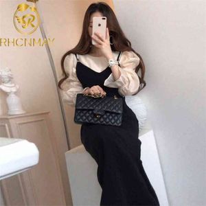 Chic Korea O Neck Temperament Chiffon Puff Sleeve Shirt + Schwarz Perlen Spaghetti Strap Kleid Retro Sexy Wild Zwei Stücke set 210506