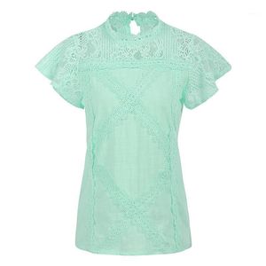 Women Blouse Solid Crochet Lace Splicing Geometric Pattern High Neck Short Sleeve Blusar Eleganta Plus Storlek Toppar Kvinnors Skjortor