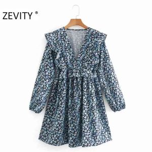 Kobiety Fasion V Neck Flower Print Press Pleats Mini Sukienka Biuro Damska Długie Rękaw Casual Slim Ruffles Vestido DS4603 210420