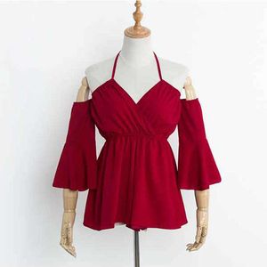 PERHAPS U Red Black Solid Women Rompers Lace Up Halter Flare Sleeve Off The Shoulder Sexy Beach Summer 3/4 Sleeve J0034 210529