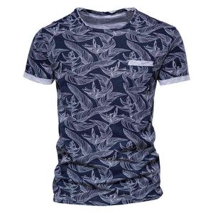 Aiopeson лист печатанный футболка мужчины карманные повседневная высокое качество 100% хлопок мужская одежда 2021 новый летний гавайский стиль мужская футболка H1218
