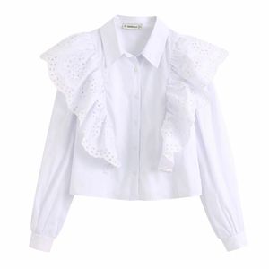 Stylish Chic White Hollow Out Ruffles Short Blouse Women Fashion Turn-down Collar Tops Elegant Ladies Buttons Shirts 210520