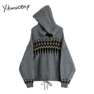 Sweter Yitimuceng Kobiety Plus Size Winter Odzież Fall Oversized Z Długim Rękawem Z Kapturem Patchwork Dzianiny Japoński 210601