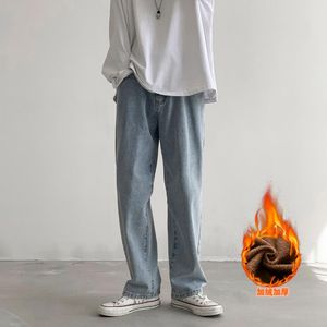 Mäns Jeans 2022 Vinter Män Svart Lös Tjock Velvetbyxor Kvinnor Varm Unisex Streetwear Solid Casual Byxor Man Plus Storlek