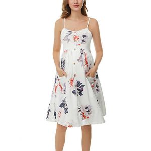 Mulheres Floral Verão Sem Mangas Vestidos Maternidade Vestido Casual Botão Down Midi Vestido Com Bolsos Gravidez Espaguete Vestidos Q0713