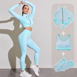 Nahtlose Frauen Yoga Gym Sportanzüge Fitness Workout Laufbekleidung Sportbekleidung Langarm Crop Top Leggings BH Athletic Set 210802