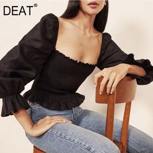 Square Collar Puff Long Sleeve Shirt Solid Black Pleated Short Blouse For Women Y2k Clothes Spring And Summer GX944 210421
