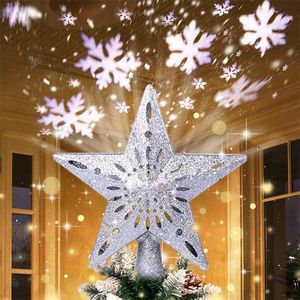 3D Glitter Hollow Star Tree Topper for Christmas Tree Decorations LED Tree Top Star Projection Lamp Christmas Lamp 211104