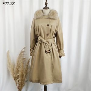 Zima 90% White Duck Down Long Jacket Women Natural Fox Fur Płaszcz Trench Zagęścić Parkes Puffer Piórka z pasem 210430