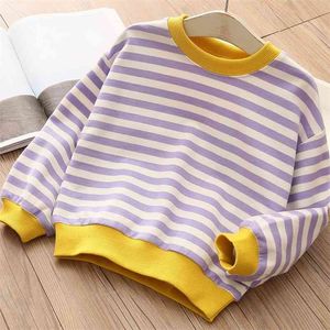 Spring Autumn 2 3 4 6 7 8 9 10 Years Child Long Sleeve Top Wear Cotton Colorful Stripe Loose Sweatshirt For Kids Baby Girls 210625