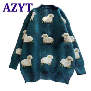 AZYT Cartoon Sheep Print Women Sweater Pullover Autumn O Neck Loose Knit Jumpers Female Winter Warm Base 211011