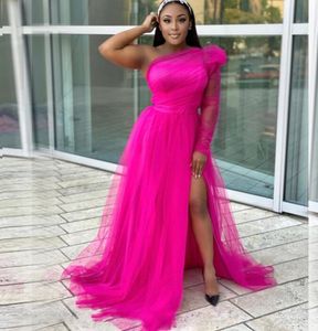Fuchsia Evening Dresses Illusion Sleeve Long Split Tulle Robe De Soiree Hot Pink Prom Gowns Mesh Vestido De Festa